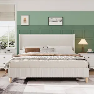 King Size Bed Frame, Corduroy Upholstered King Bed Frame with Wingback Headboard, No Box Spring Needed, Solid Wooden Slats, Noise Free, Beige