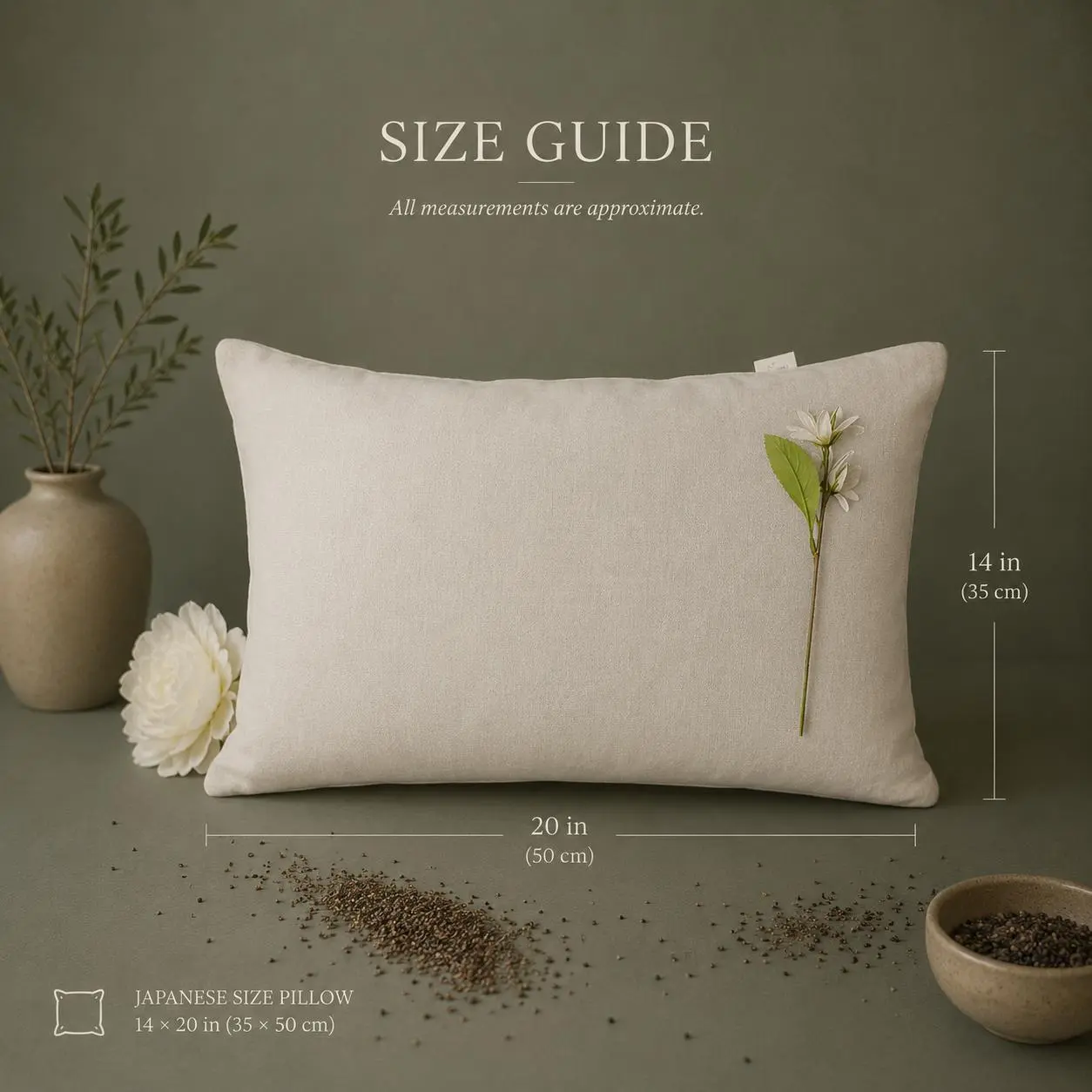 Japanese Buckwheat Pillow with Linen Cover | 14" x 20" Neck & Head Support Pillow | Removable Linen Pillowcase