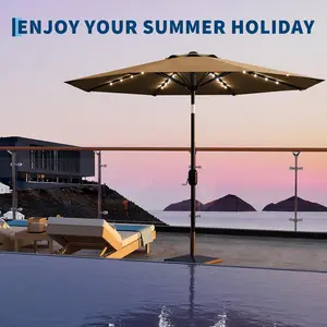 9 FT Patio Umbrella with 8 Durable Ribs, Adjustable Tilt Canopy, Crank System, Waterproof & UV Resistant Outdoor Shade Canopy, LED Lights, for Garden, Backyard