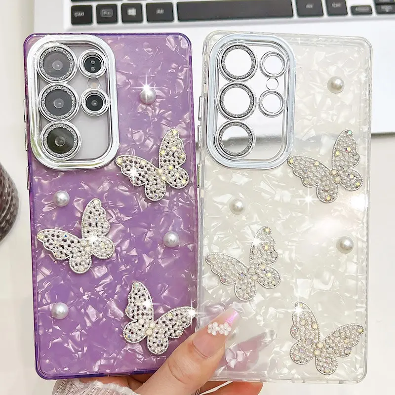 For Samsung S24 FE S25 S24 Plus S23 Ultra A17 A15 A25 A55 A16 A36 A56 A54 5G Luxury Bling Butterfly Laser Case Cover Casing Accessories