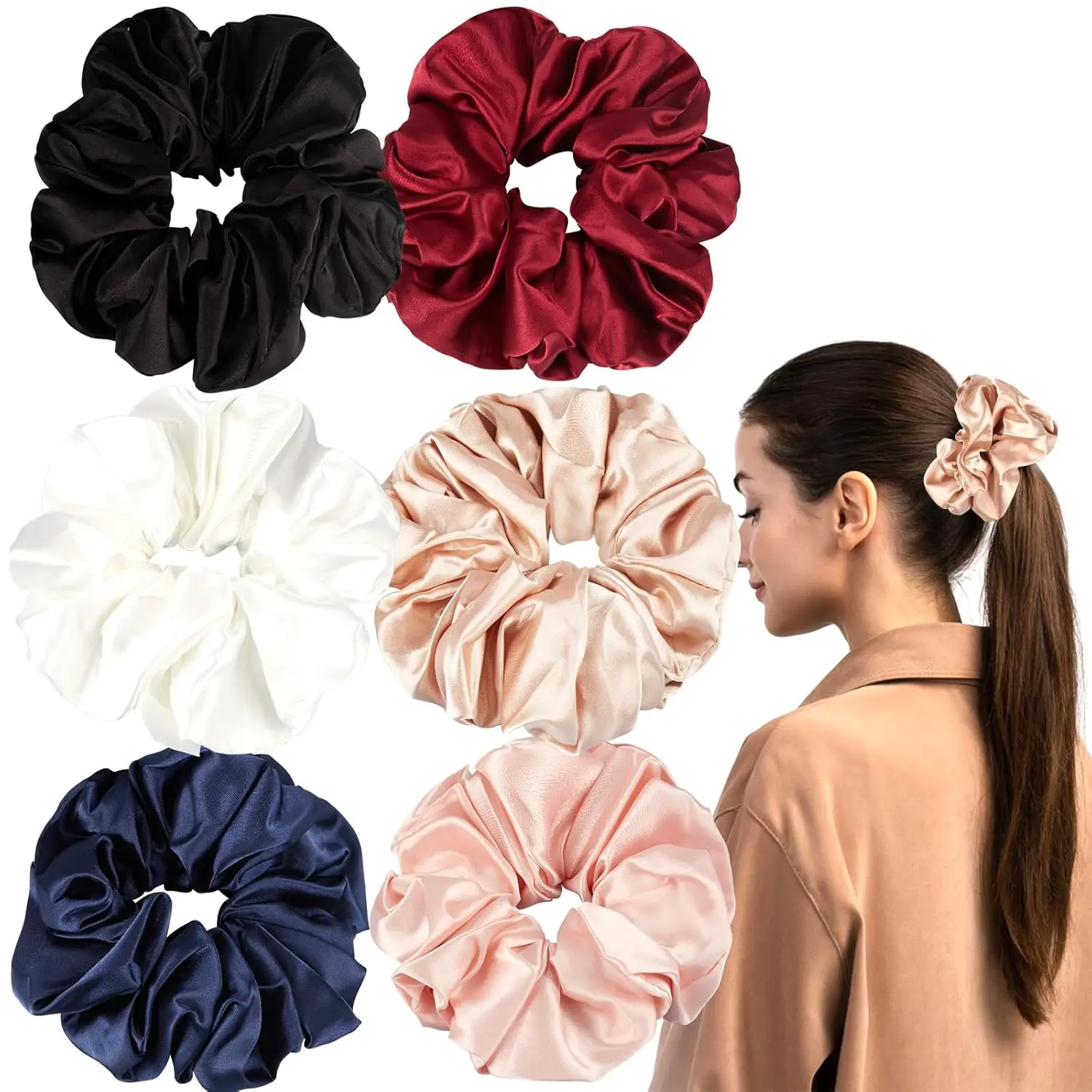 Silk Scrunchies,6Pcs Scrunchies for Women,Silk Hair Ties, Elastic Hair Ties for Frizz&Breakage Prevention Women Thick Curly Hair. (Red)