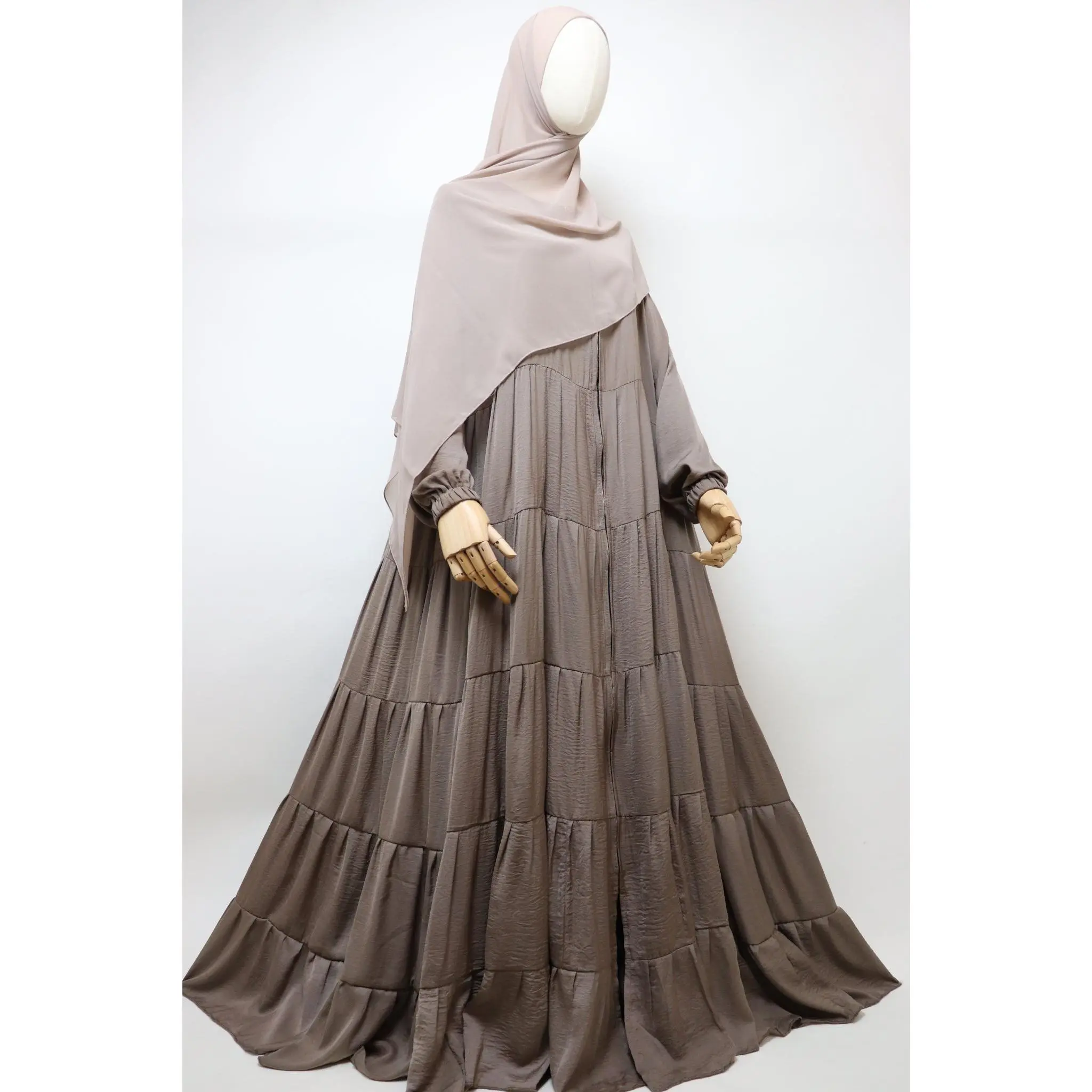 Full-zip 5 Tiered Wide Flare Umbrella Abaya - Latte