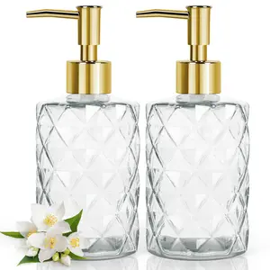 Clear Glass Soap Dispenser, 2 Pack / 11 Oz Liquid Hand Soap Dispenser Set for Kitchen Sink and Bathroom, Dish Soap Dispenser Set Jar Lotion Glass Soap Dispenser Bottles with Gold Pump (Clear)
