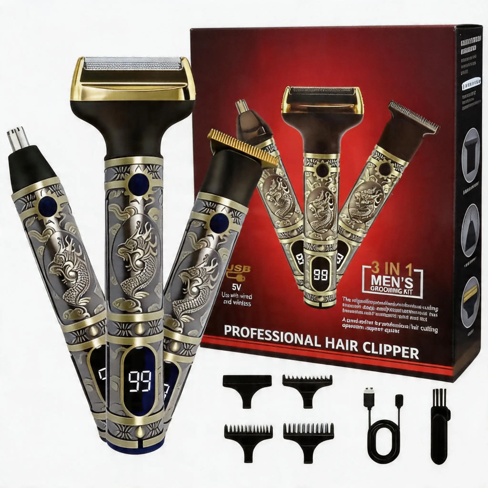Professional Men's Electric Shaver with LED Display, USB Charging, Cordless Rechargeable Clippers, Trimmer Set, Hair & Beard Trimming, Professional Grooming Kit