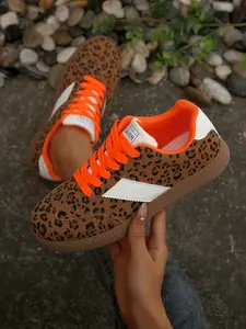 Leopard Print Colorblock Shoes, Contrast Laces Design, Vintage Casual Flat Sneakers, Women's Fashion Footwear