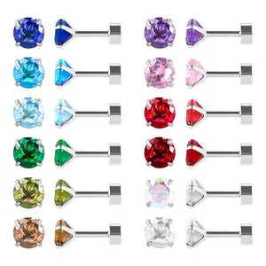 12 Pairs Cartilage Helix Surgical Stainless Steel Stud Earrings,Flat Back Screw Round CZ Brithstone Earrings Set for Women Girls