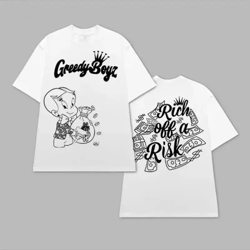 💸[Graphic Tee]GreedyBoyz Rich Off a Risk Graphic T-Shirt| Funny Casual Cotton Tee for Men and Women| Novelty Streetwear Shirt| Classic Unisex Short Sleeve| Comfortable Everyday Wear| Trendy Humor Tee