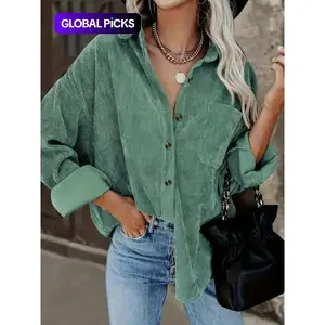 Women's corduroy shirt with pockets, off shoulder style, suitable for spring and autumnRAIMENTRY