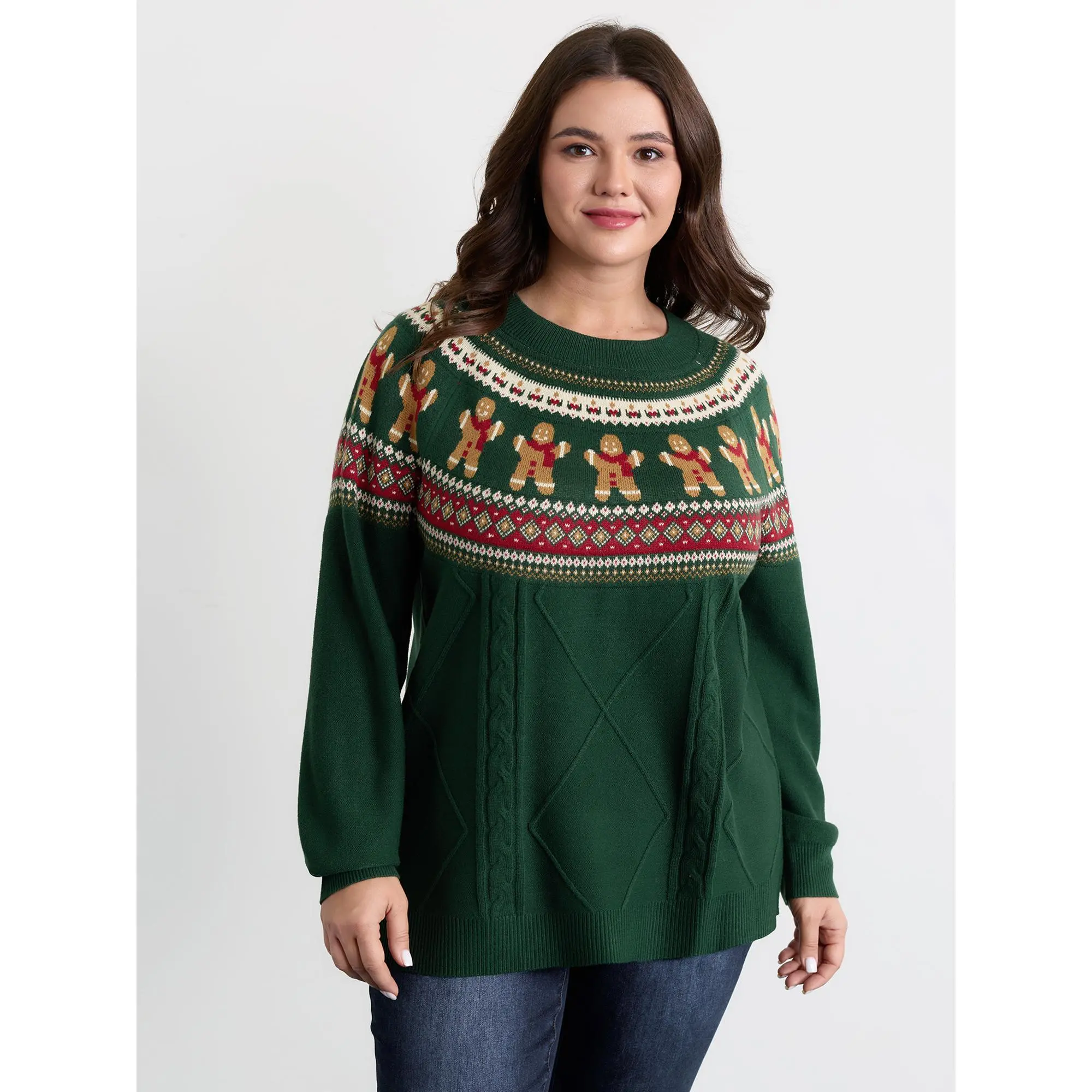 BLOOMCHIC Lady's Plus Size Gingerbread Fair Isle Contrast Knitwear Sweater - Casual, Long Sleeves, Premium Fabric, Sizes M-6X,Summerfinds