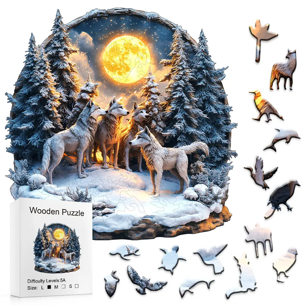 Wooden Wolves Alphabet Puzzle Toy - Majestic Wolf Pack, Arctic Enchantment, Luminous Full Moon, Frosty Pines, Animals & Nature Theme, Puzzle Pieces, Fantasy & Sci-Fi Fans, Any Occasion Kids' Toy