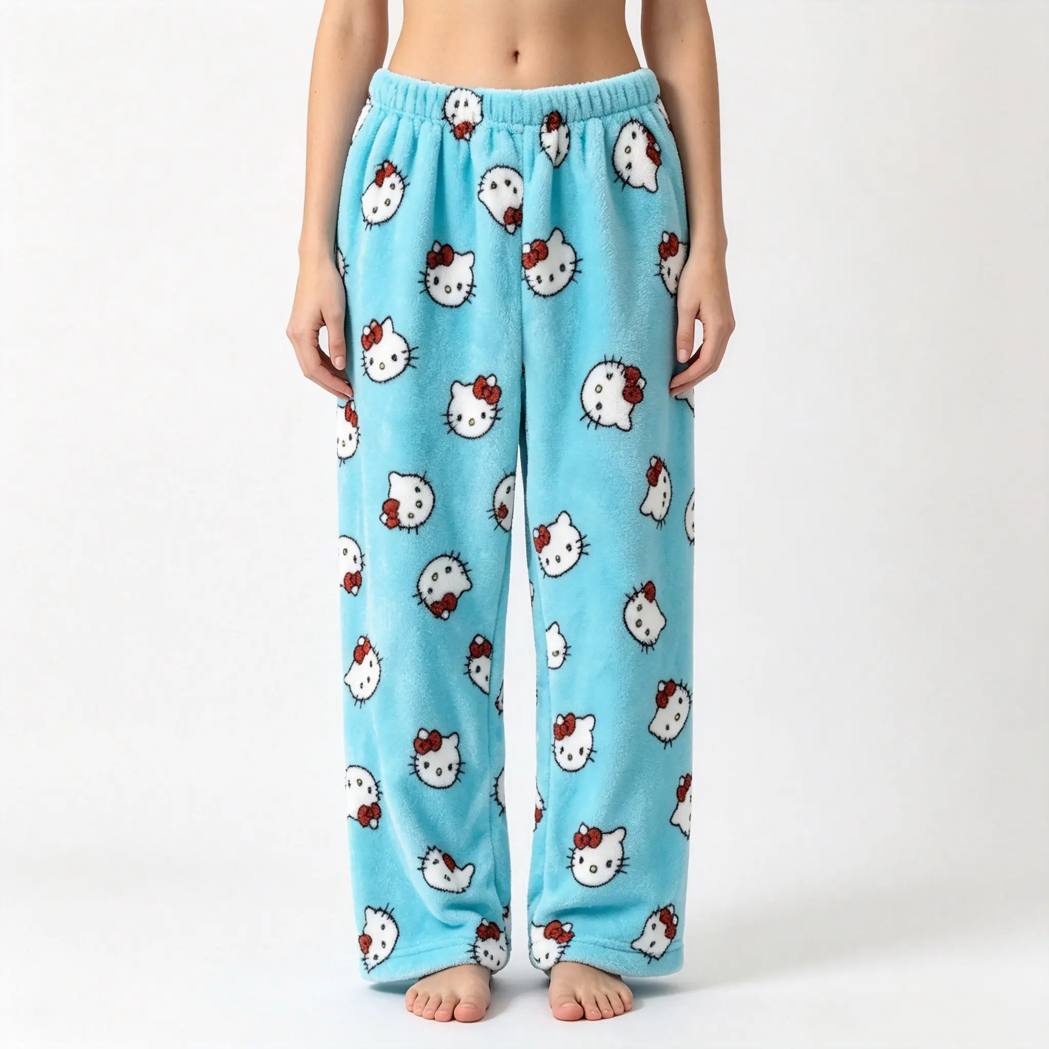 Hello Kitty Blue Flannel Pajama Pants Official Sanrio Licensed Cute Kawaii Cartoon Elastic Waist Loose Fit Soft Cozy Loungewear Sleep Bottoms Casual Home Pants Holiday Gift for Teens Adults Sanrio Fans