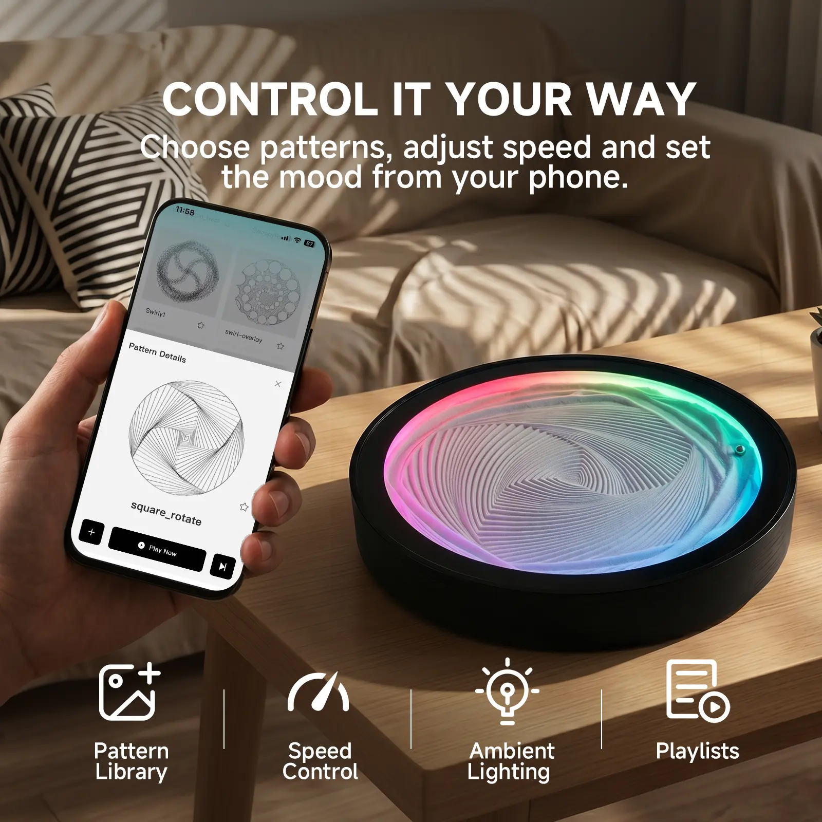 App-Controlled Kinetic Sand Art with Smart LED Lighting, 25cm Sustainable Bamboo Frame Modern Art, iOS/Android Compatible Relaxing Desktop Decor Gift for Home-Office Fengshui Ornament
