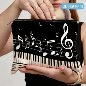 1pc Musical Note Piano Print Zipper Cosmetic Bag, Lightweight Foldable Travel Makeup Storage Pouch 22x15cm, Ideal Gift for Women, Teachers & Friends