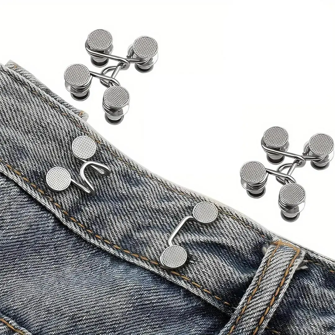 2 sets of crotch tighteners, adjustable buckle straps, jeans button clips, no need to sew to adjust clips to reduce size, women's jeans button replacement clip