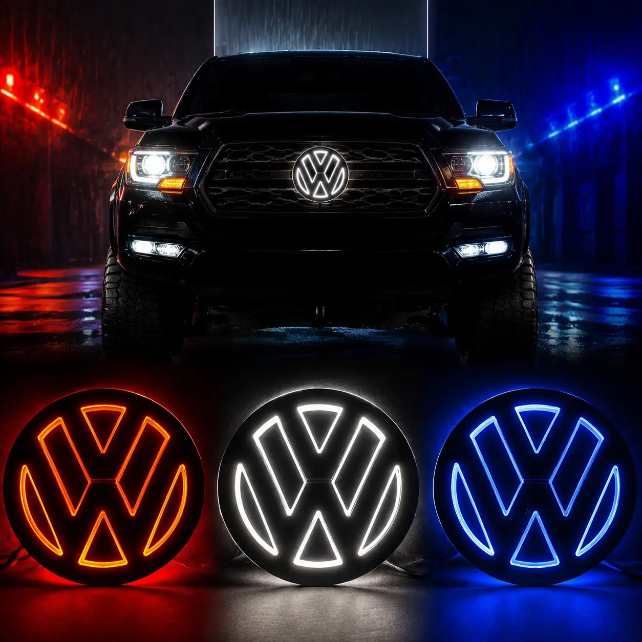 5D LED Illuminated Emblem Badge Lights - 3-Color Plug-In Type Volkswagen Grille & Trunk Lights with Illumination, Compatible with VW Golf 6, Magotan, Touareg, Bora, Led Lights, Golf 6 Etc.