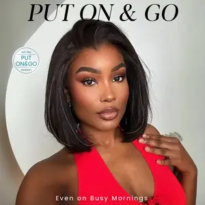 【12‘’ Only $79】 Wear & Go Yaki Straight Glueless Bob Wig Pull Go Pre Cut Lace Wig Natural Human Hair Wig Pre-Everything Wig #1B 180% Density Glueless Lace Black Yaki Bob Bleached Knots Wig SpringStatements