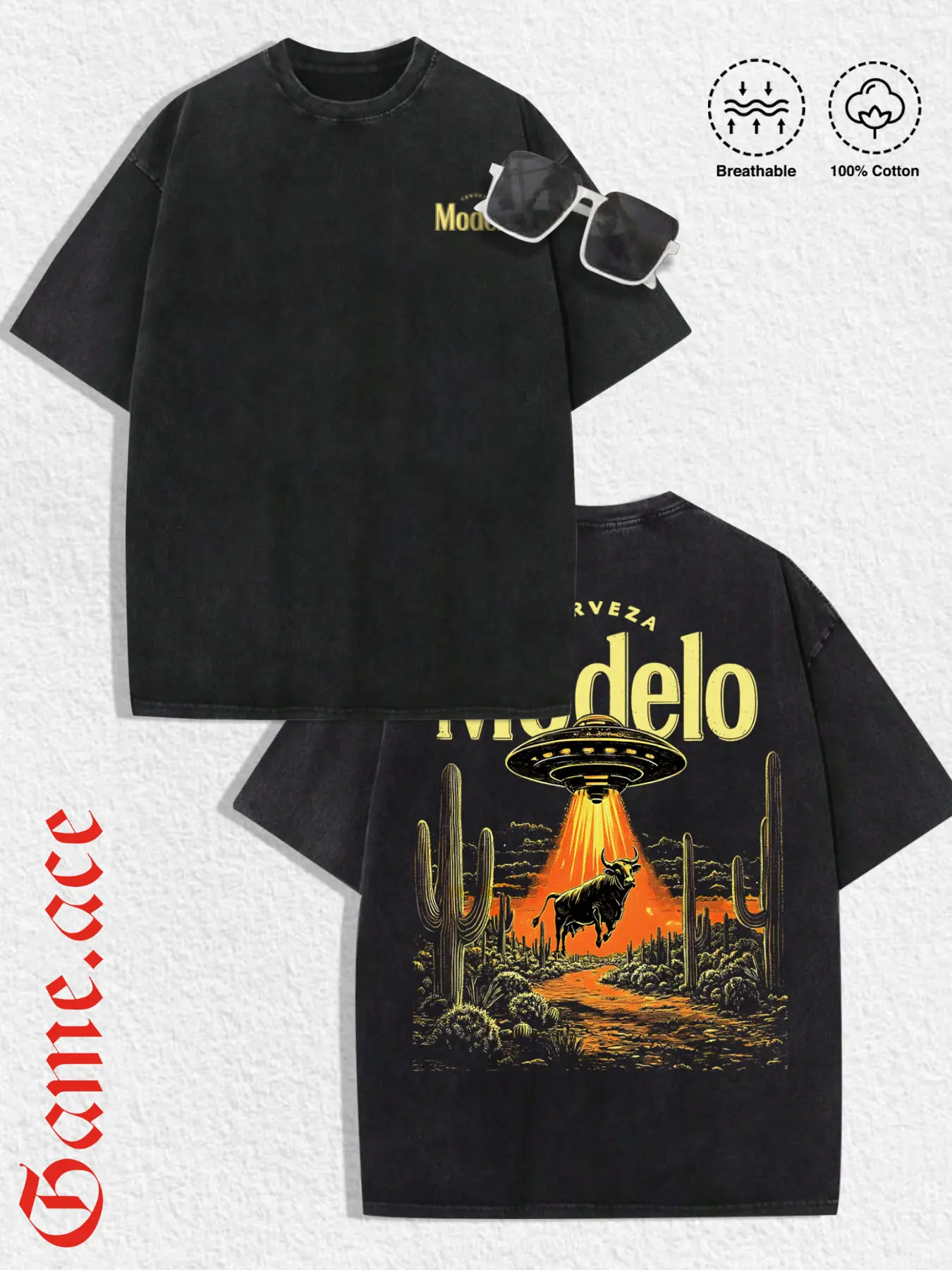 1 PCS Retro Washed Black Short Sleeve T-Shirt, Front Mini "Cerveza" Print + Back UFO & Western Bull Desert Graphic, Sci-Fi Western Streetwear Style, 100% Cotton Unisex Oversized Tee, Streetwear Meetups, Great Gift for Sci-Fi & Western Fans