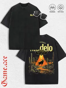 1 PCS Retro Washed Black Short Sleeve T-Shirt, Front Mini "Cerveza" Print + Back UFO & Western Bull Desert Graphic, Sci-Fi Western Streetwear Style, 100% Cotton Unisex Oversized Tee, Streetwear Meetups, Great Gift for Sci-Fi & Western Fans