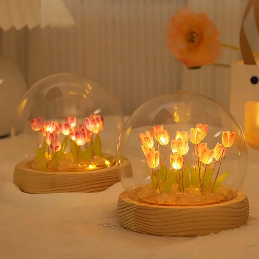 DIY Tulip Wooden-Glass Ambient Dimmable LED Night Light - Decorative Illuminating LED Decoration, Coffee Table Mood Maker, Handmade Home Xmas Gift