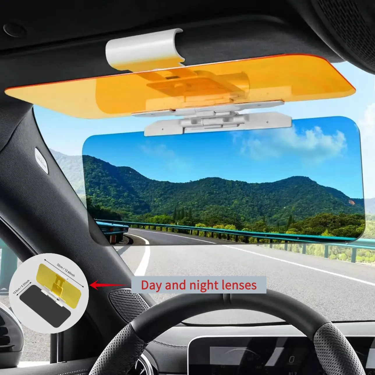 2-In-1  Gray and Yellow HD Visor Day/Night Anti Glare Visor Clip On Vision Car Vehicle Glasses Shade Universal Accessories Car Windshield Sunshade Windshield sun shade