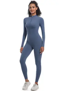 Women's Solid Color Sports Jumpsuit, Casual Comfy High Stretch Long Sleeve Jumpsuit for Yoga Gym Workout, Ladies Sportswear for Fall & Winter, Stretchable Activewear