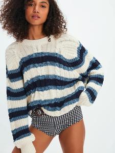 women's striped round neck long sleeve knit pullover sweater, casual fall winter fashion, cozy knitted top for daily wear