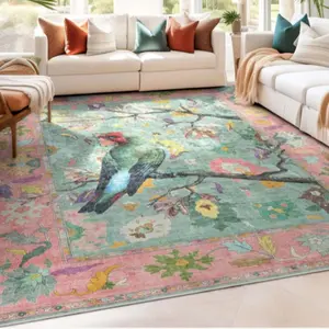 Bird & Floral Area Rug, 1 Count Vintage Style Non-slip Floor Mat, Decorative Carpet for Home Living Room Bedroom Hotel Dormitory