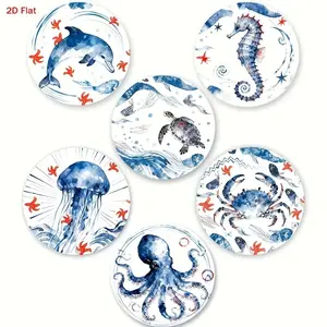 6pcs Wooden Marine Life Coasters - Wood Surface Protectors with Sea Creature Designs (Starfish, Shells, Fish) - Suitable for Home, Office, Cafe, Christmas Gifts, Table Settings