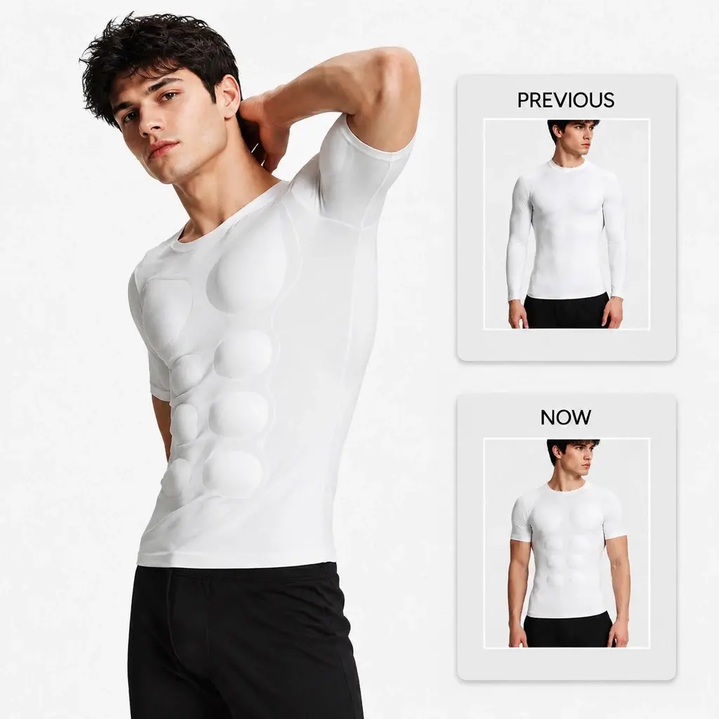 Men's Plain Crew Neck Muscle T-Shirt, a Slim-Fit Seamless Body Shaper with Light Compression and Removable Pads for Everyday Wear & Cosplay, Menswear, Cold Wash, Muscle Pads, Black