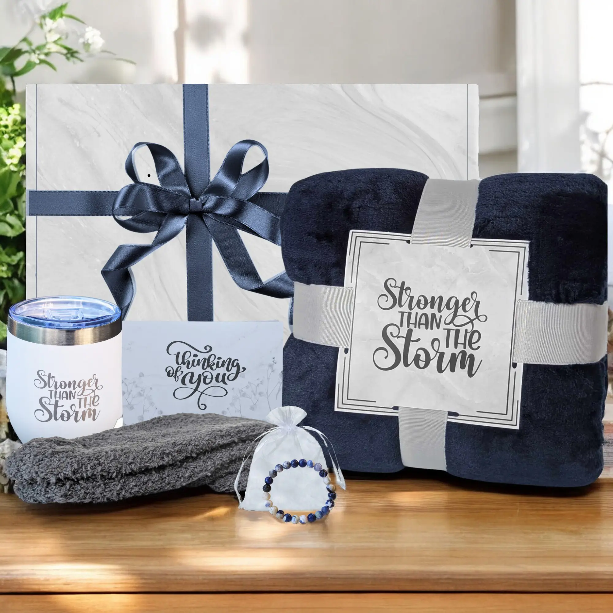 Get Well Gift Box for Womem: Blanket, Tumbler, Bracelet, Socks & Card - Care Package, Thinking of You, Stronger Than the Storm (Royal Blue)