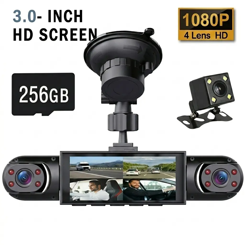 Summerwins 4-Channel Car Dash Cam - 1080P Plug-and-Play DVR (No Battery) with 3.16-in LCD Screen, Front Camera, Back Camera, Taxi Use, Left-Right Coverage, Micro SD Compatible, 120 Wide Angle