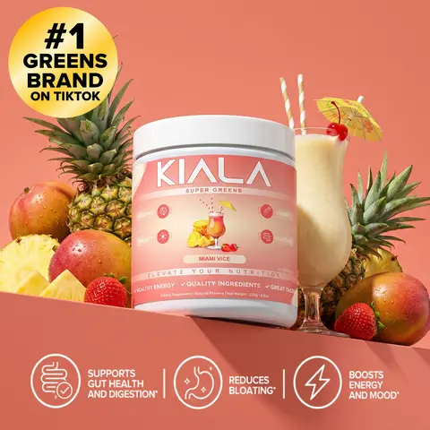 Kiala Nutrition Super Greens Miami Vice Flavor Organic Greens Powder with Spirulina & Chlorella - Supports Digestion, Healthy Gut Function, Immunity, Energy - Vegan Antioxidant Wellness Dietary Supplement