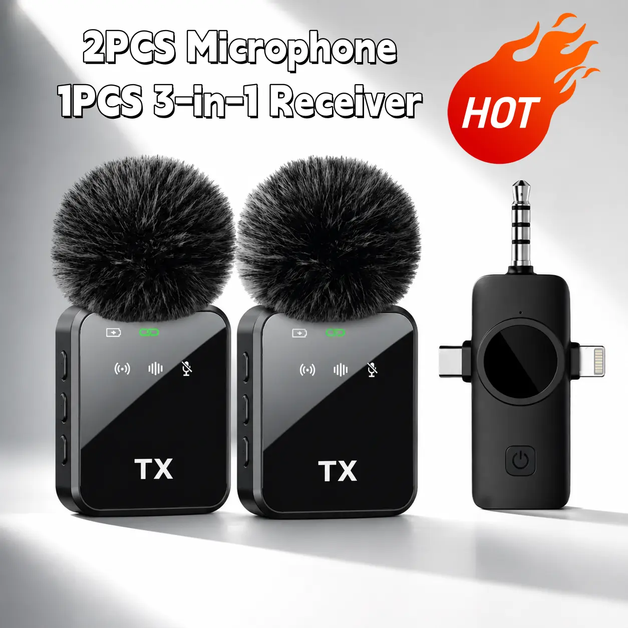 3 in 1 Microphone for iPhone/Android/Camera, 2-Pack Wireless Lavalier MicrophoneWireless Lavalier Microphone, 328ft Transmission, 18H Battery Life, Mini Microphone for Record Interview, Vlogs, YouTube, Tiktok Smartphone Audio