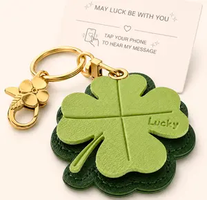 Father's Day Gift for Dad from Daughter Son, Personalized Voice Message Lucky Clover AirTag Holder Keychain, Car Key Bag Charm