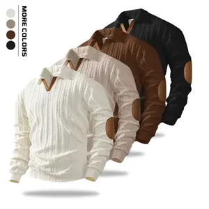 Men’s Cable Knit Polo Sweater – Available in multiple colors, elbow patches, V-neck polo collar, a fall layering essential for everyday casual wear