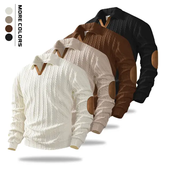 Men’s Preppy Cable Knit Polo Sweater - Textured Fabric, Elbow Patches, V-Neck Polo Collar, Menswear Fall Layering Essential for Casual Daily or Office Wear (Multiple Colors Available)