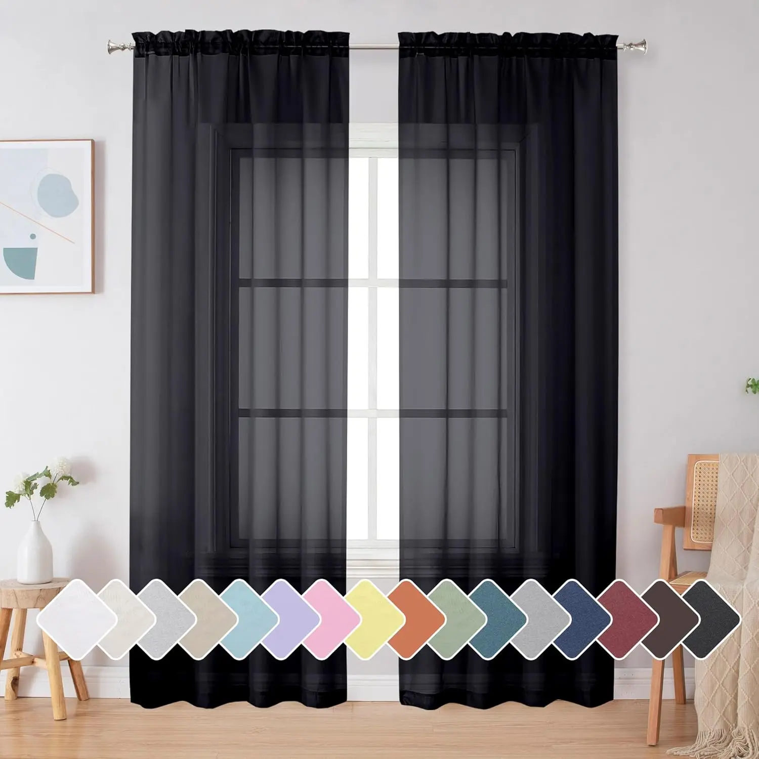 Black Sheer Curtains (2 Panels), 84x84 in Dual Rod Pocket Light Filtering Drapes - Machine Wash, Non-Chlorine Bleach, Tumble Dry Low, Bedroom & Living Room Window Treatments