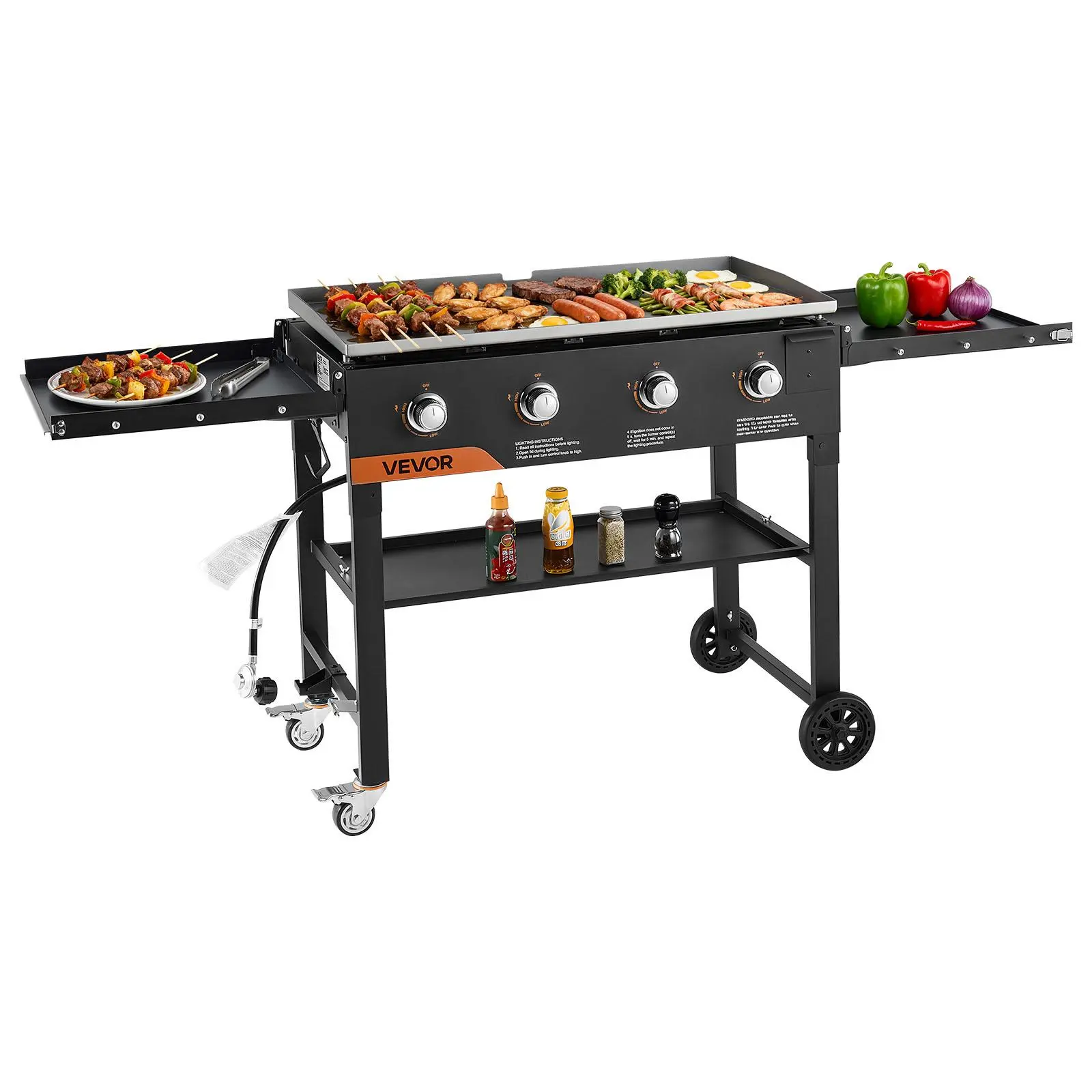 VEVOR 36-in Cast Iron Gas Griddle - 4-Burner 4-Zone Cooking Expandable Flat Top Grill with Foldable Plate, Dual Wheels, 60000 BTU, Pulse Ignition - 36" Size Propane Grill for Family Parties, All-Seasons Outdoor Griddle Cooking