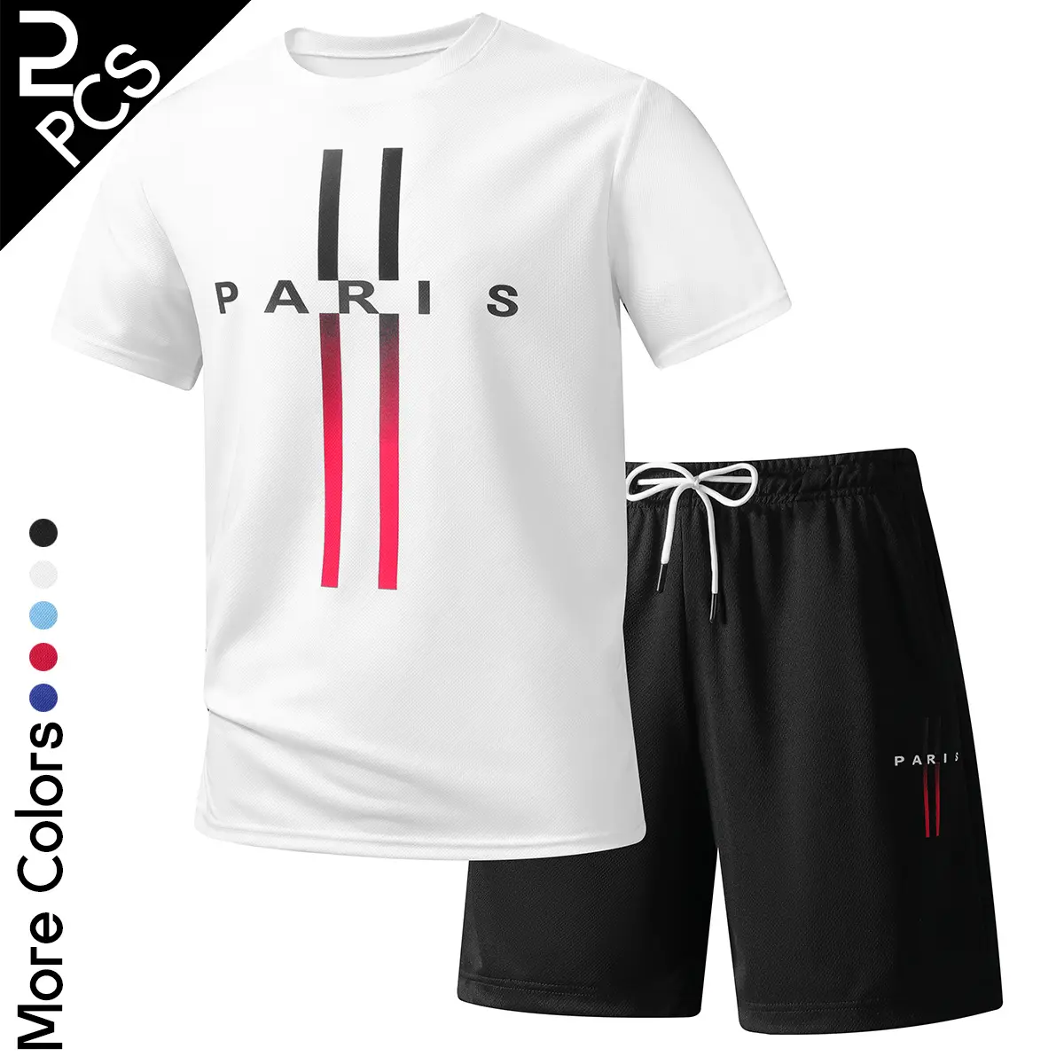 2 Piece Men's Athletic Shorts Set, Quick Dry Short Sleeve T-Shirt and Shorts Tracksuit, PARIS Printed Sports Outfit for Running, Gym & Soccer Training
