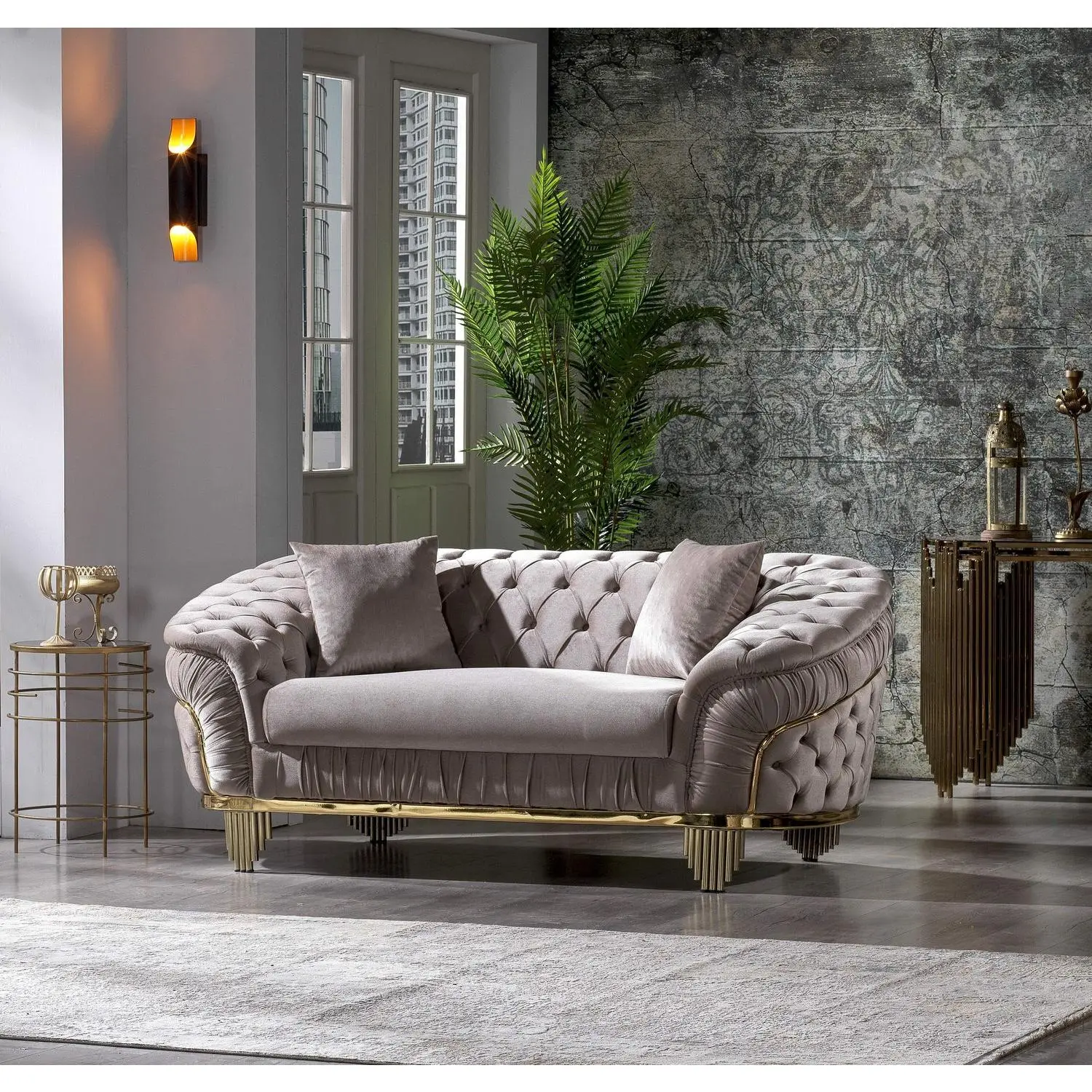 Summervibes Vanessa 2-Seater Loveseat, Taupe Modern Luxury Velvet Upholstered Couch with Solid Wood Frame, Tufted Surface, Coil Springs, Waterfall Legs, Chic Luxury Design Living Room Furniture