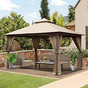 Domi 10'x13' Gazebo, Outdoor Gazebo with Mosquito Netting, Metal Frame Double Roof Soft Top Patio Gazebo Canopy Tent for Deck Backyard Garden Lawns Khaki