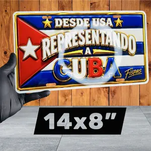 Fispas Premium 14" x 8" Placa Desde USA Representing Cuba with Cuban Flag Design