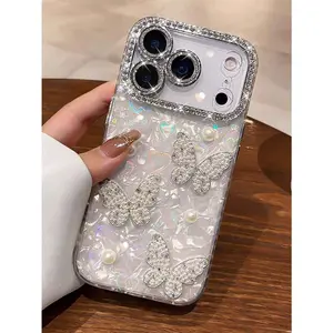 Butterfly Luxury Rhinestone ‌       Bling Lens Protector ‌         3D Cute Pearl Butterfly Phone Case Compatible With IPhone 17ProMax 17Pro 17Air 17 16 15 14 13 12 Pro Max 11 Shockproof Case Lovely Protective Back Cover