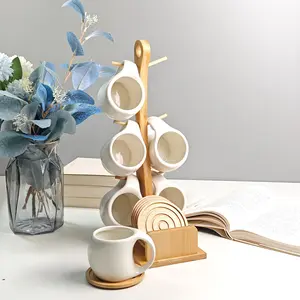 Ceramic Ceramic Mug Kit, 6 Counts Coffee Cup & 6 Counts Spoon & 6 Counts Mat & 1 Count Wooden Cup Holder Set, Drinkware Set for Friend, Kitchen Accessories, Summer for Gift, Kitchen Gadgets