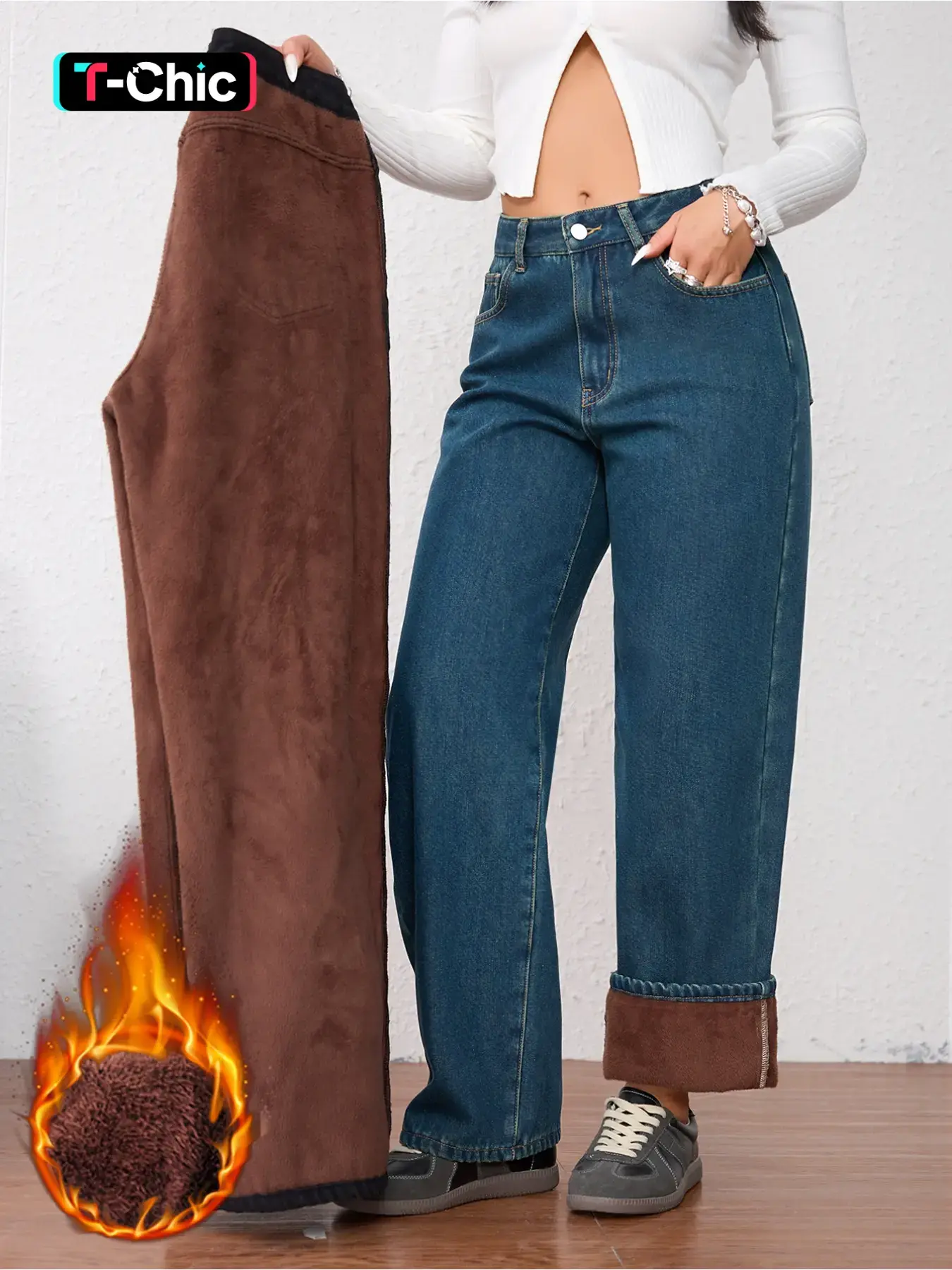 Women's Vintage Chic Fashion Fleece-Lined Thickened Winter Warm Fitted Wide Leg Straight Woven Denim Jeans Trouser Pants Bottom, Elegant Plain Style for Fall & Winter, Fashion Jean Bottoms