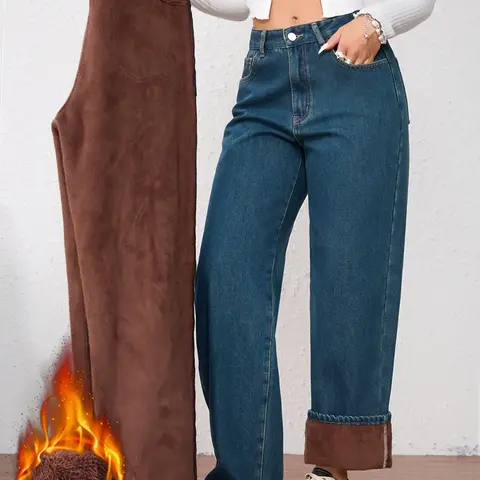 Women's Vintage Chic Fashion Fleece-Lined Thickened Winter Warm Fitted Wide Leg Straight Woven Denim Jeans Trouser Pants Bottom, Elegant Plain Style for Fall & Winter, Fashion Jean Bottoms