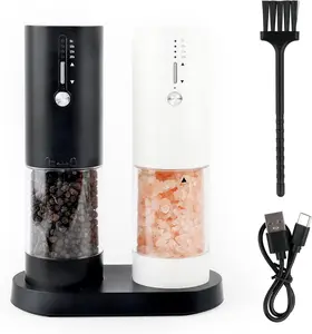 Electric Salt and Pepper Grinder Set, Rechargeable Automatic with LED Light, 4-Grade Grinding, External Coarseness Adjustment, Large Hopper, 2 Pack Wecharm Home