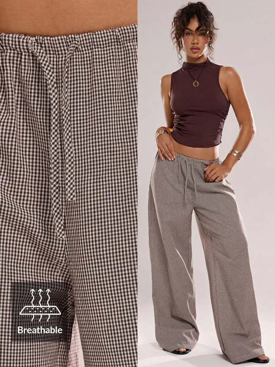 XLAIS Women's Black And White Checkered Gingham Wide-Leg Pants,Brown Plaid Loose Trousers For Summer Casual Loungewear,Home Vacation Beach Fashion Costume