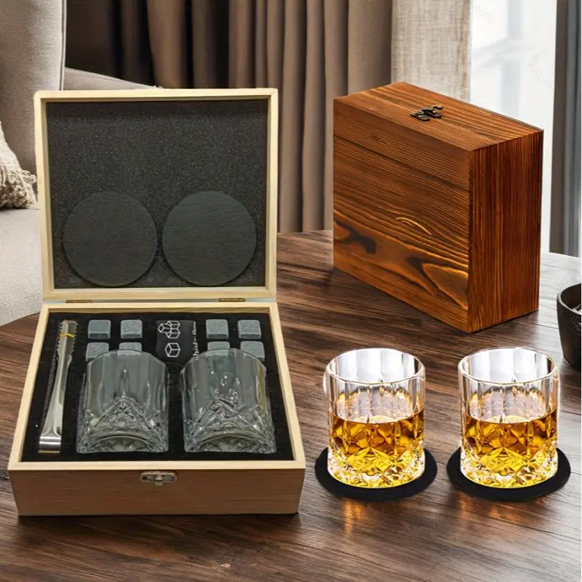 Whiskey Glasses Set, 1 Set Including 2 Whiskey Glasses & 8 Granite Rocks & Wooden Storage Box, Bar Party Wine Glass Set, Drinking Glasses Set, Wine Cup Gift, Whiskey Cups, Whiskey Tumbler