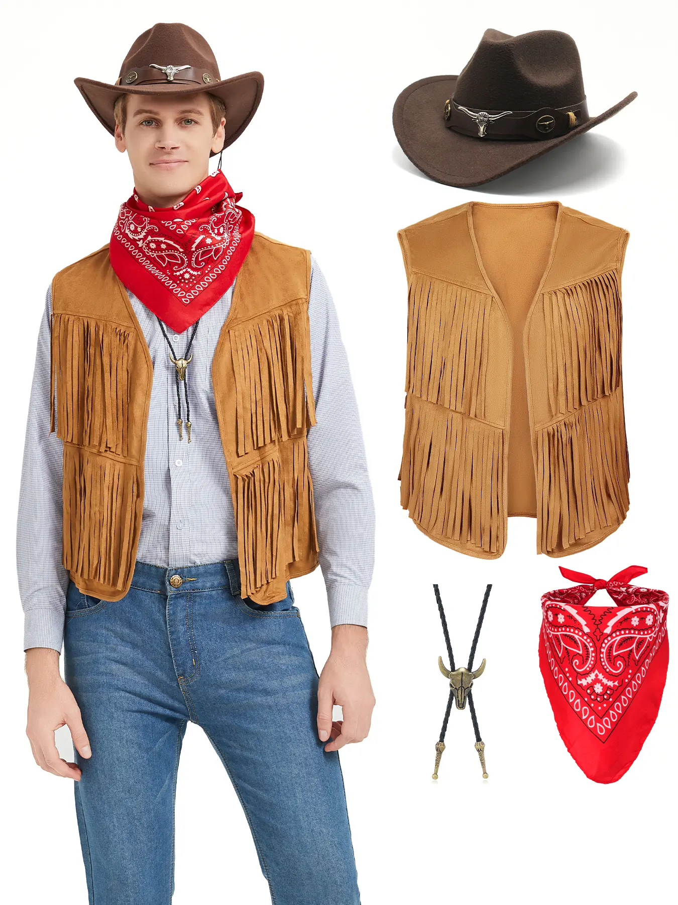 Men's Western Cowboy Costume 4-Piece Set - Vest, Hat, Bandana, Bull Head Necklace for Halloween, Western Theme Role Play, Menswear Special Occasion Attire, Costume Outfit, Western Ootd